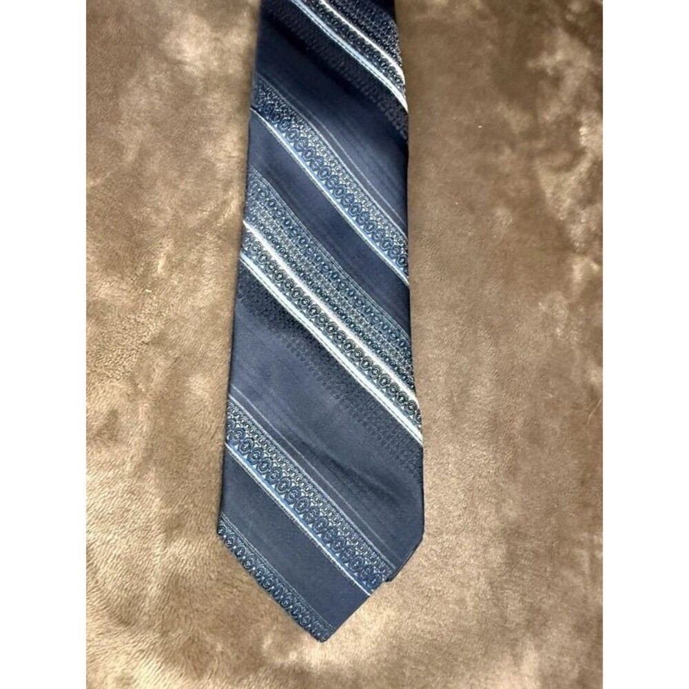 VTG Claude Du Pre 59 Tie Navy Blue Stripe Paisley Woven Retro Executive Necktie